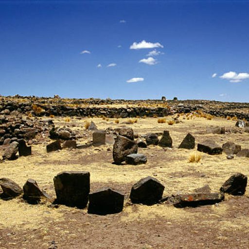 Stone circle built for religious purposes at the necropolis of Sillustani, Peru. Aymara. c 15th C AD. north shore of Lake Titicaca. (Photo by Werner Forman/Universal Images Group/Getty Images)